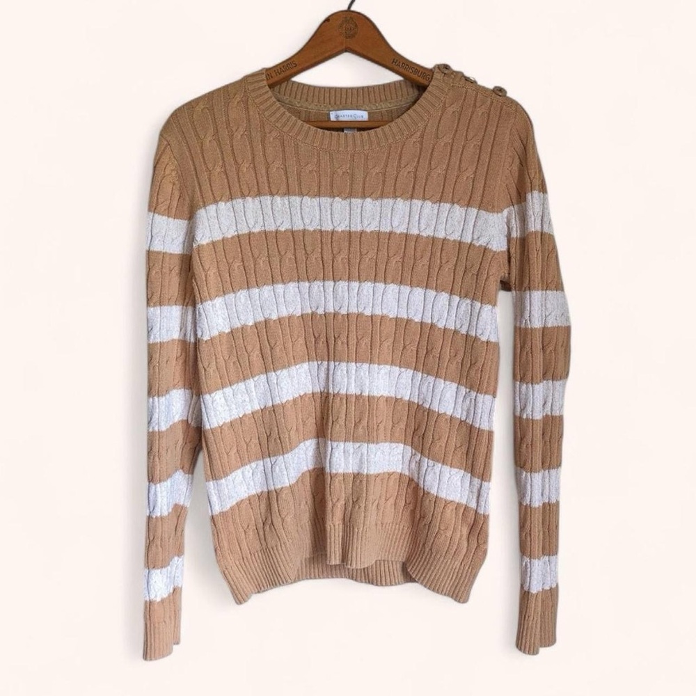 Charter Club Women’s Camel Tan White Gold Striped Cable Knit Sweater